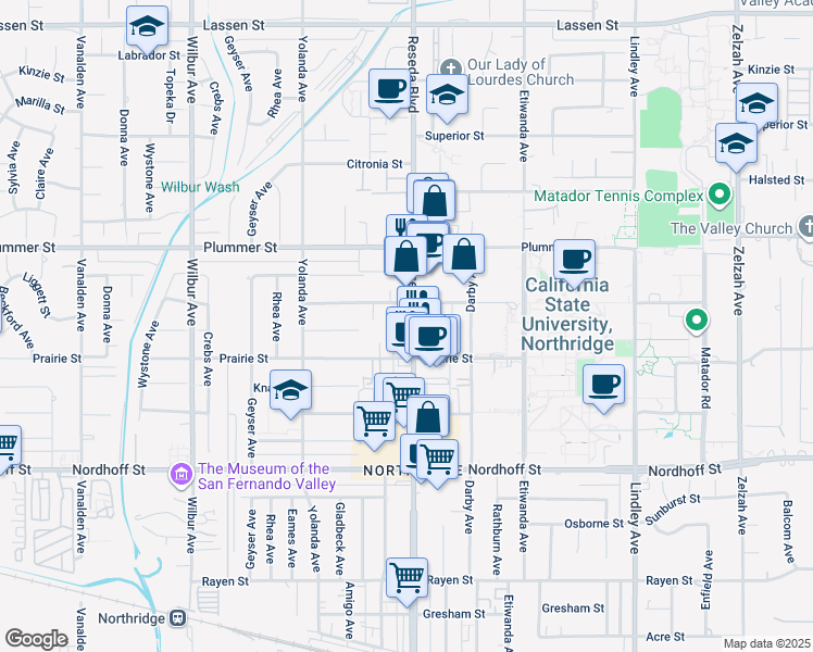 map of restaurants, bars, coffee shops, grocery stores, and more near 9353 Reseda Boulevard in Los Angeles