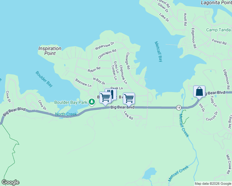 map of restaurants, bars, coffee shops, grocery stores, and more near 39237 Peak Lane in Big Bear Lake