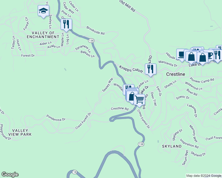 map of restaurants, bars, coffee shops, grocery stores, and more near 23304 Crest Forest Drive in Crestline