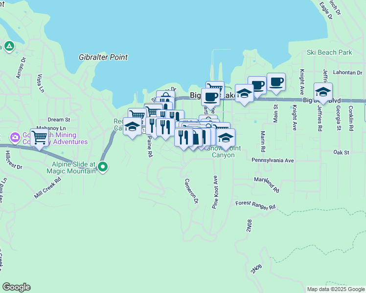 map of restaurants, bars, coffee shops, grocery stores, and more near 40696 Village Drive in Big Bear Lake