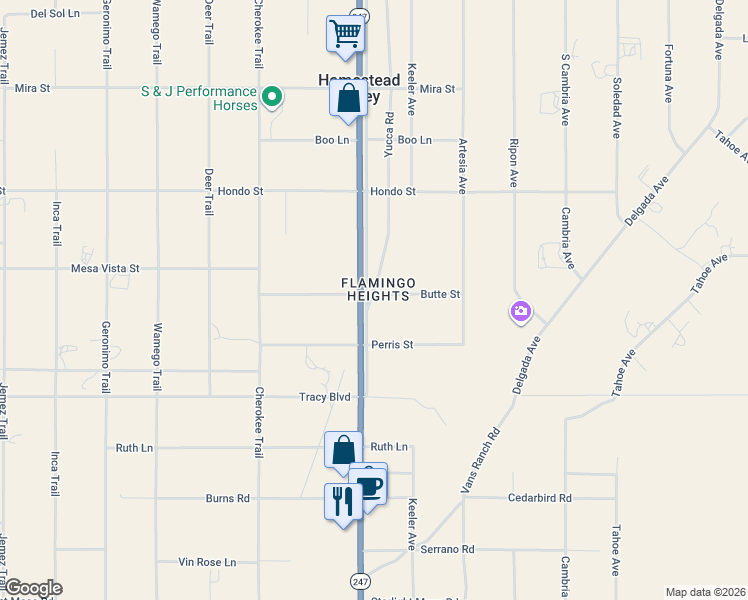 map of restaurants, bars, coffee shops, grocery stores, and more near 56130 Perris Street in Yucca Valley