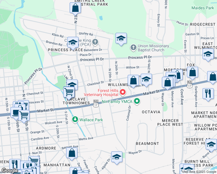 map of restaurants, bars, coffee shops, grocery stores, and more near 2410 Chestnut Street in Wilmington