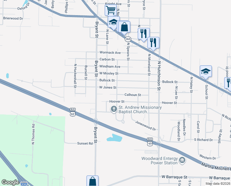 map of restaurants, bars, coffee shops, grocery stores, and more near 5801 Calhoun Street in Pine Bluff