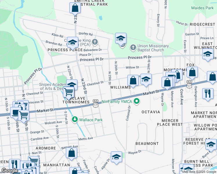 map of restaurants, bars, coffee shops, grocery stores, and more near 2410 Chestnut Street in Wilmington