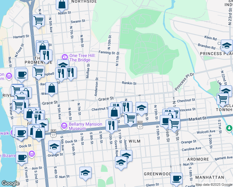 map of restaurants, bars, coffee shops, grocery stores, and more near 1101 Walnut Street in Wilmington