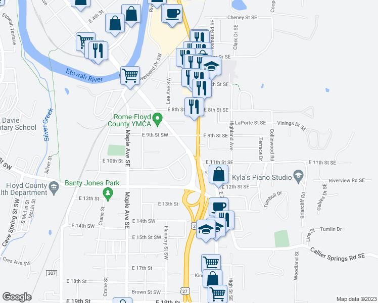 map of restaurants, bars, coffee shops, grocery stores, and more near 1005 East 2nd Avenue in Rome
