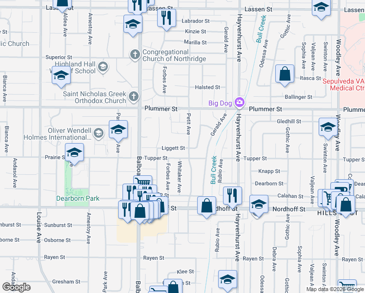 map of restaurants, bars, coffee shops, grocery stores, and more near 9343 Petit Avenue in Los Angeles