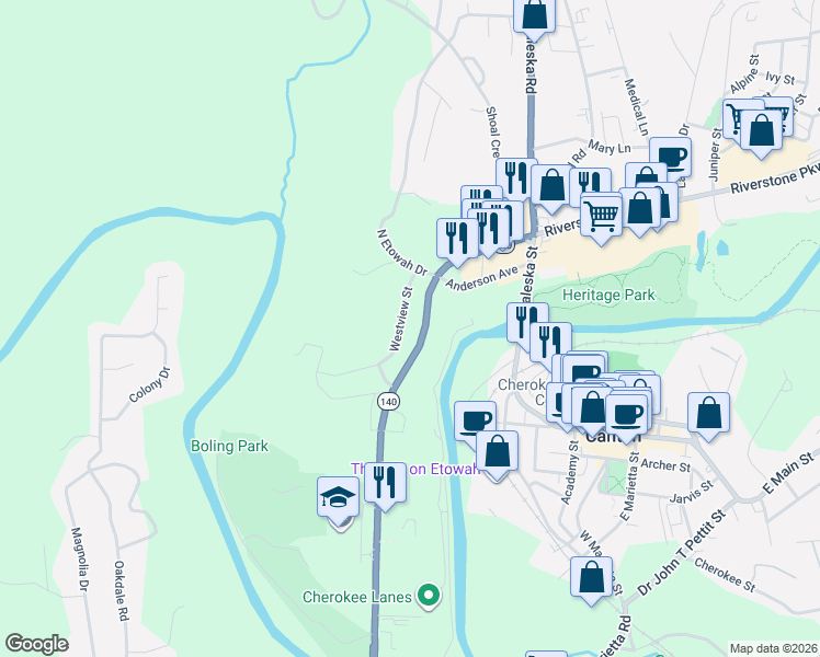 map of restaurants, bars, coffee shops, grocery stores, and more near 111 Anderson Avenue in Canton