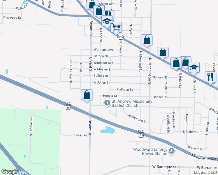 map of restaurants, bars, coffee shops, grocery stores, and more near 5801 Calhoun Street in Pine Bluff
