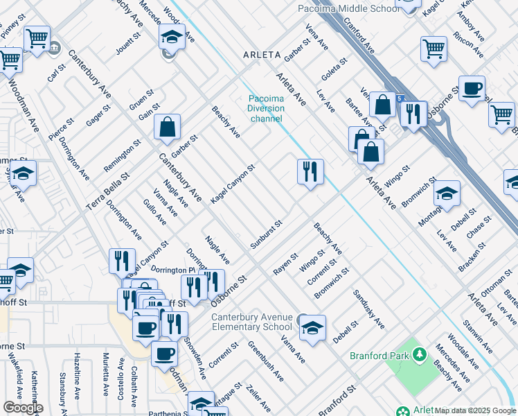 map of restaurants, bars, coffee shops, grocery stores, and more near 9361 Obeck Avenue in Los Angeles
