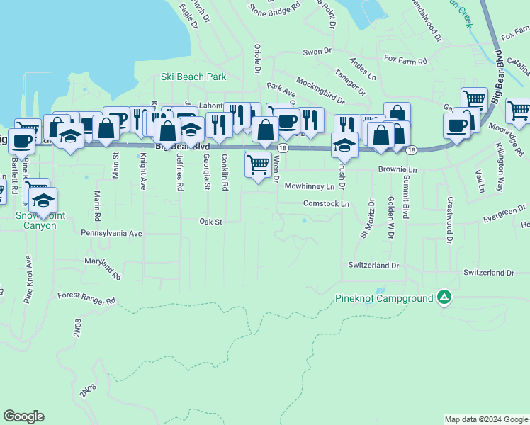 map of restaurants, bars, coffee shops, grocery stores, and more near 41489 Comstock Lane in Big Bear Lake