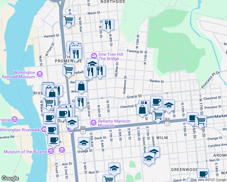 map of restaurants, bars, coffee shops, grocery stores, and more near 313 McRae Street in Wilmington