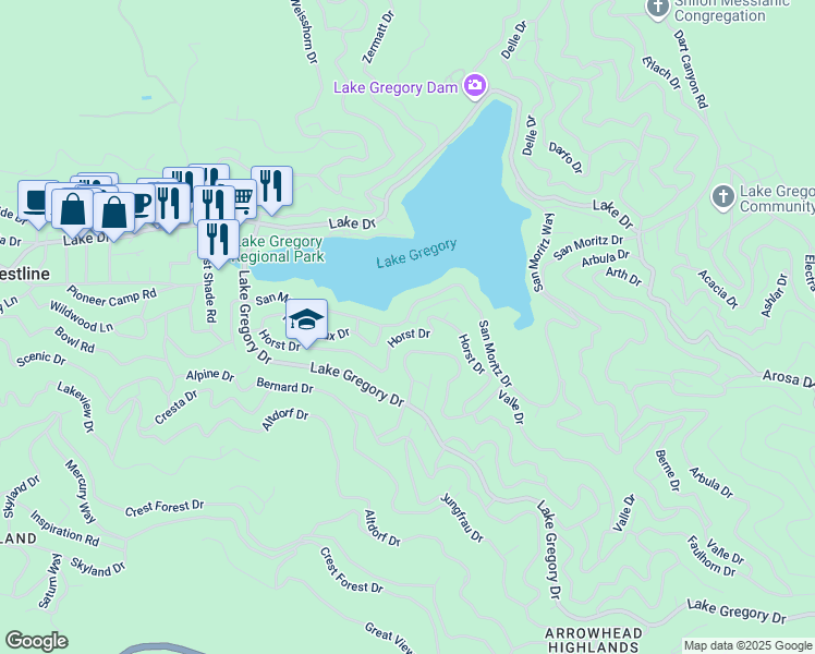 map of restaurants, bars, coffee shops, grocery stores, and more near 24433 San Moritz Drive in Crestline