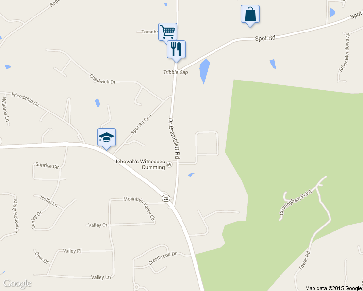 map of restaurants, bars, coffee shops, grocery stores, and more near 1550 Doctor Bramblett Road in Cumming