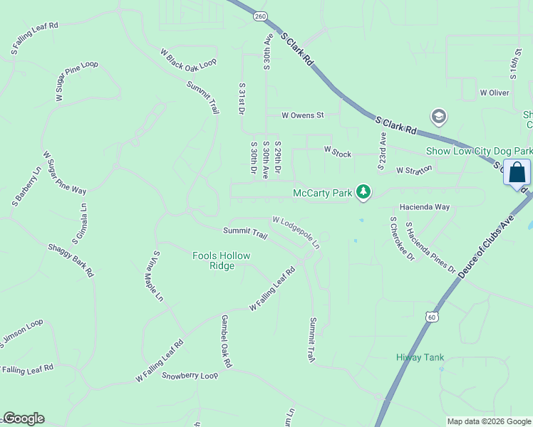 map of restaurants, bars, coffee shops, grocery stores, and more near 3011 West Young in Show Low