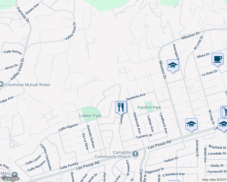 map of restaurants, bars, coffee shops, grocery stores, and more near 1991 Cabrillo Mesa Court in Camarillo