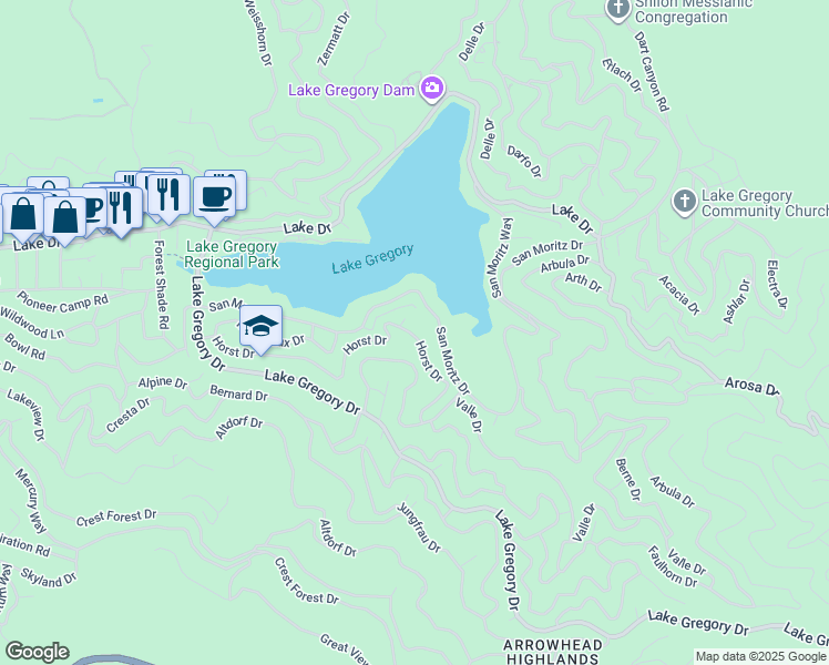 map of restaurants, bars, coffee shops, grocery stores, and more near 24540 Horst Drive in Crestline