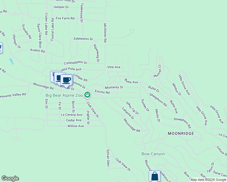 map of restaurants, bars, coffee shops, grocery stores, and more near 42965 Monterey Street in Big Bear Lake