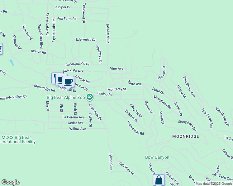 map of restaurants, bars, coffee shops, grocery stores, and more near 42958 Encino Road in Big Bear Lake