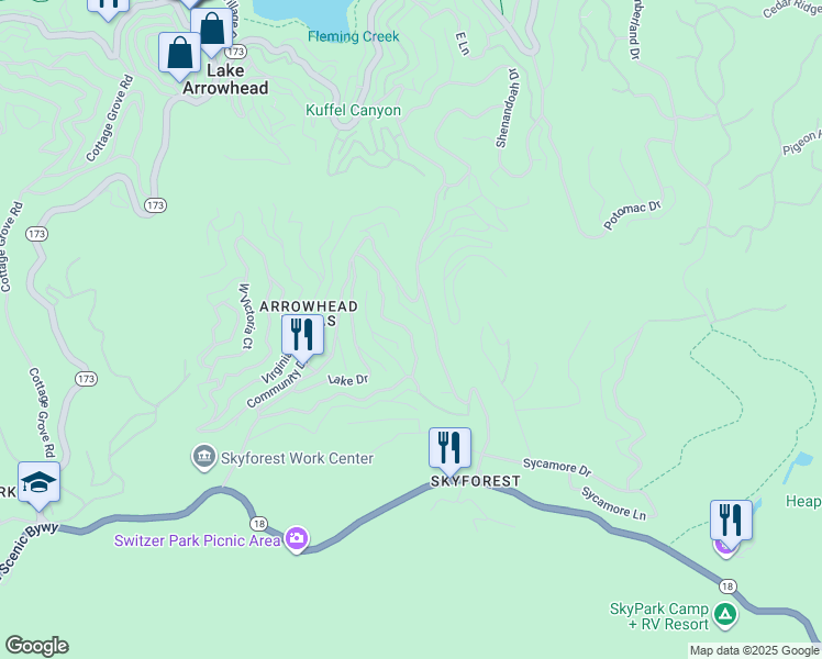 map of restaurants, bars, coffee shops, grocery stores, and more near 725 Oakmont Lane in Lake Arrowhead
