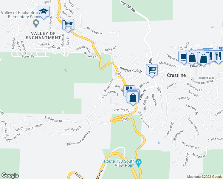 map of restaurants, bars, coffee shops, grocery stores, and more near 23318 Crest Forest Drive in Crestline