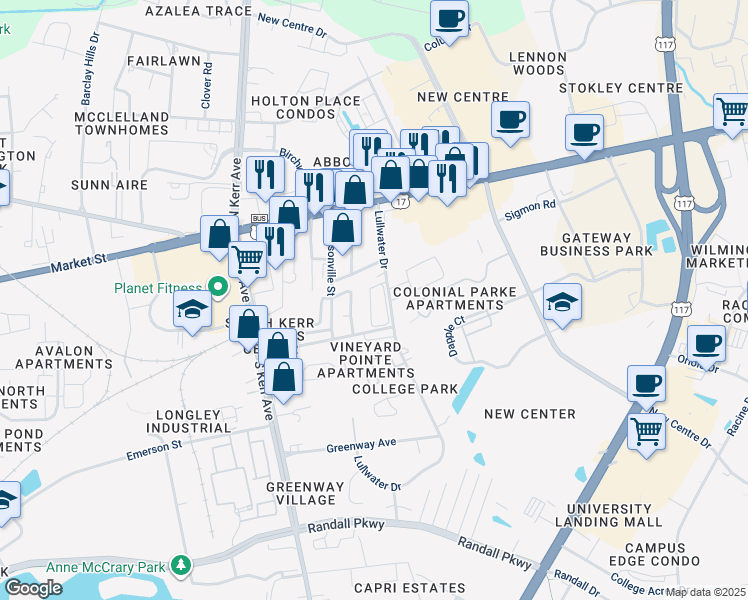 map of restaurants, bars, coffee shops, grocery stores, and more near 122 Lullwater Drive in Wilmington