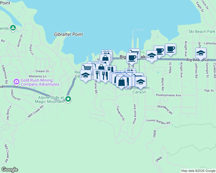 map of restaurants, bars, coffee shops, grocery stores, and more near 40671 Village Drive in Big Bear Lake