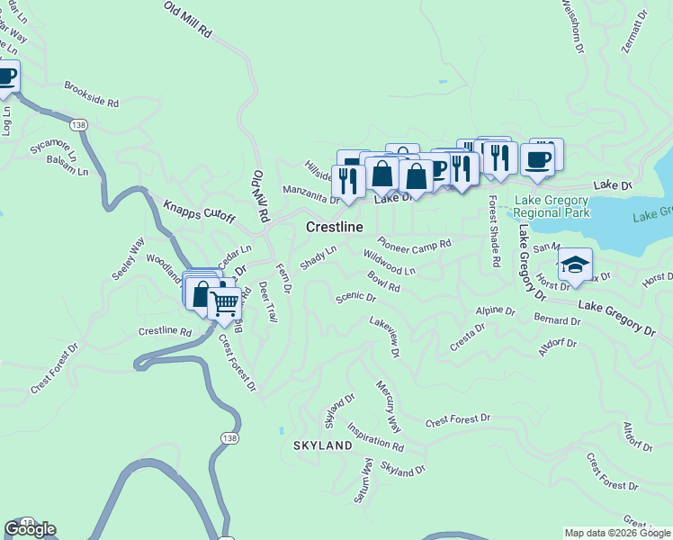 map of restaurants, bars, coffee shops, grocery stores, and more near 23747 Bowl Road in Crestline