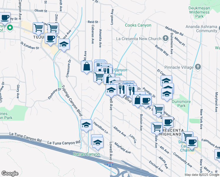 map of restaurants, bars, coffee shops, grocery stores, and more near 3967 Foothill Boulevard in Glendale