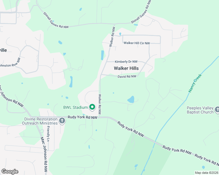 map of restaurants, bars, coffee shops, grocery stores, and more near 76 Walker Road Northwest in Cartersville