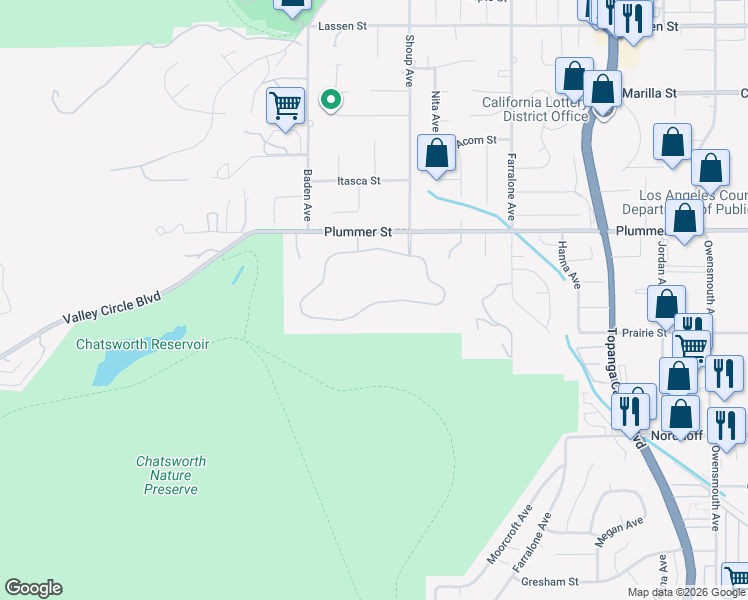 map of restaurants, bars, coffee shops, grocery stores, and more near 22451 South Summit Ridge Circle in Los Angeles