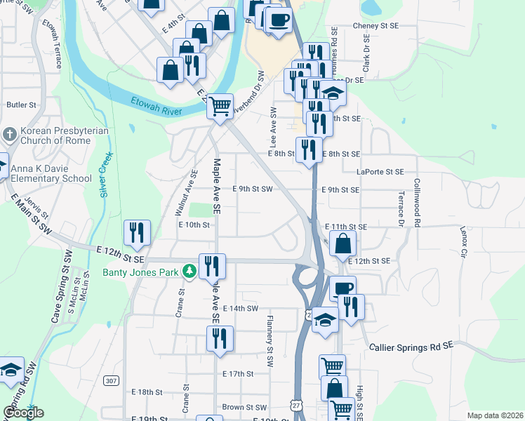 map of restaurants, bars, coffee shops, grocery stores, and more near 9TH Edwards Street Southwest in Rome