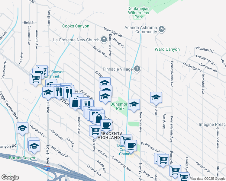 map of restaurants, bars, coffee shops, grocery stores, and more near 4804 Dunsmore Avenue in Glendale