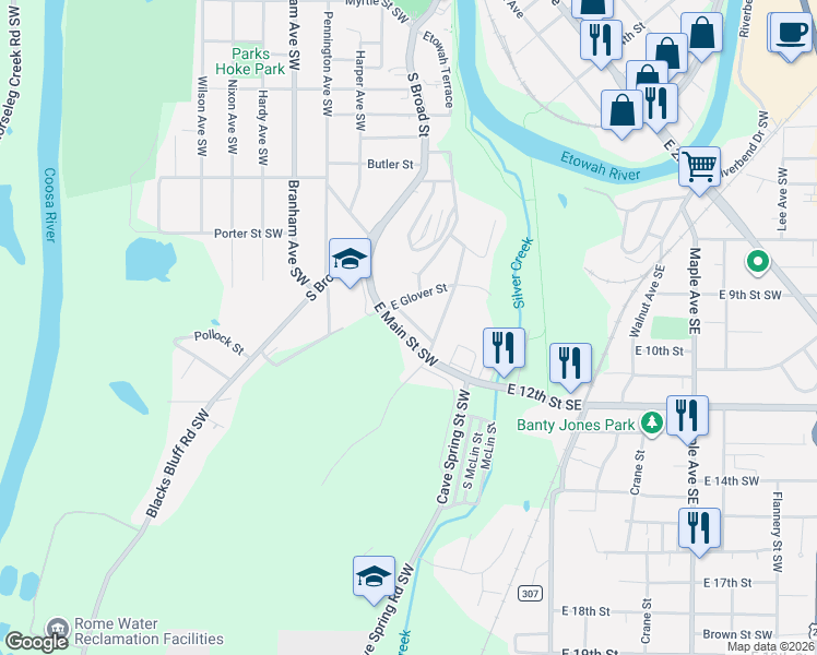 map of restaurants, bars, coffee shops, grocery stores, and more near 105 East Main Street Southwest in Rome