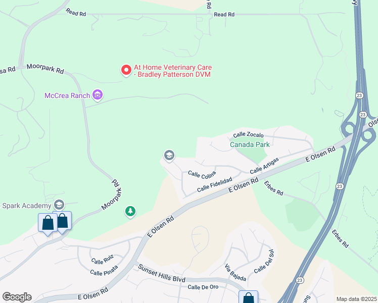 map of restaurants, bars, coffee shops, grocery stores, and more near Calle Hondanada in Thousand Oaks
