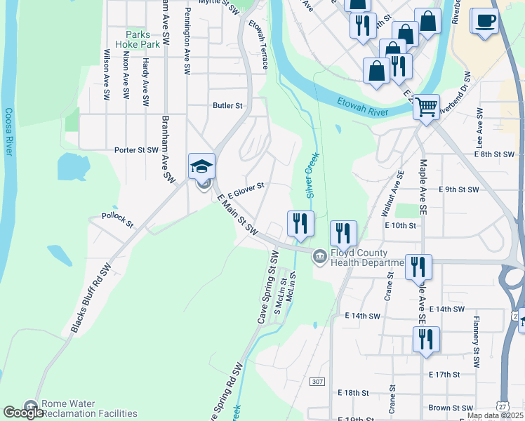 map of restaurants, bars, coffee shops, grocery stores, and more near 12 North Blanch Avenue Southwest in Rome