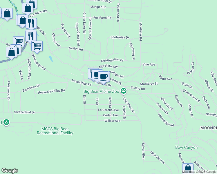 map of restaurants, bars, coffee shops, grocery stores, and more near 42672 Moonridge Road in Big Bear Lake