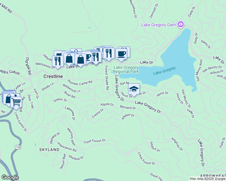 map of restaurants, bars, coffee shops, grocery stores, and more near 725 Tyrol Drive in Crestline