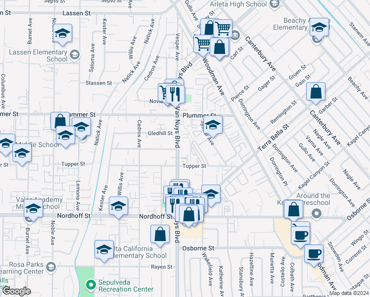map of restaurants, bars, coffee shops, grocery stores, and more near 9346 Van Nuys Boulevard in Los Angeles