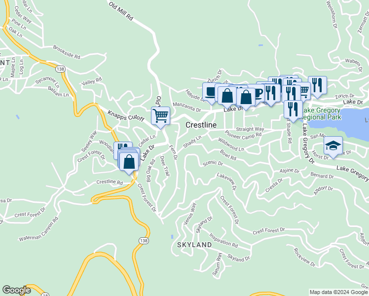 map of restaurants, bars, coffee shops, grocery stores, and more near 23673 Shady Lane in Crestline