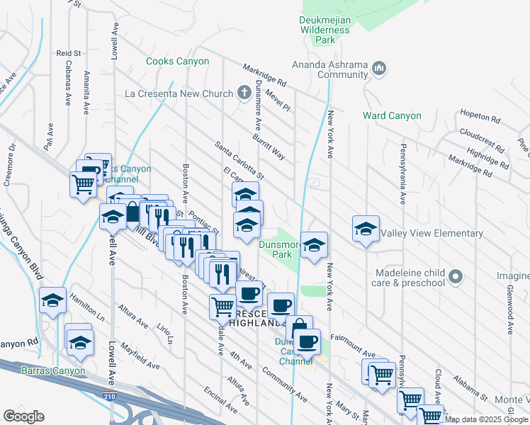 map of restaurants, bars, coffee shops, grocery stores, and more near 4804 Dunsmore Avenue in Glendale
