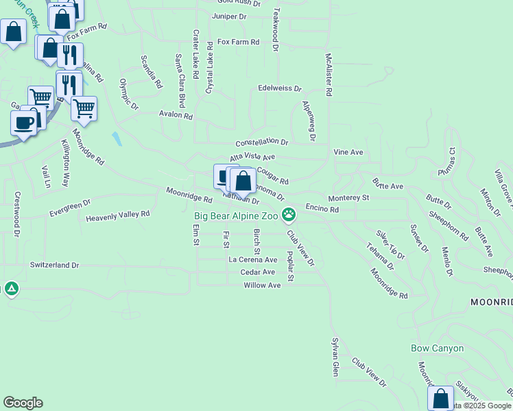 map of restaurants, bars, coffee shops, grocery stores, and more near 42672 Moonridge Road in Big Bear Lake