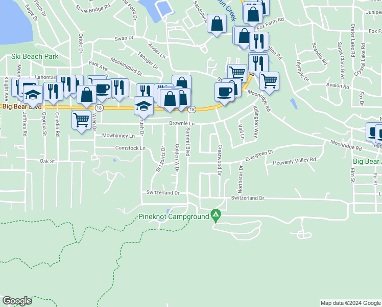 map of restaurants, bars, coffee shops, grocery stores, and more near 658 Ponderosa Drive in Big Bear Lake