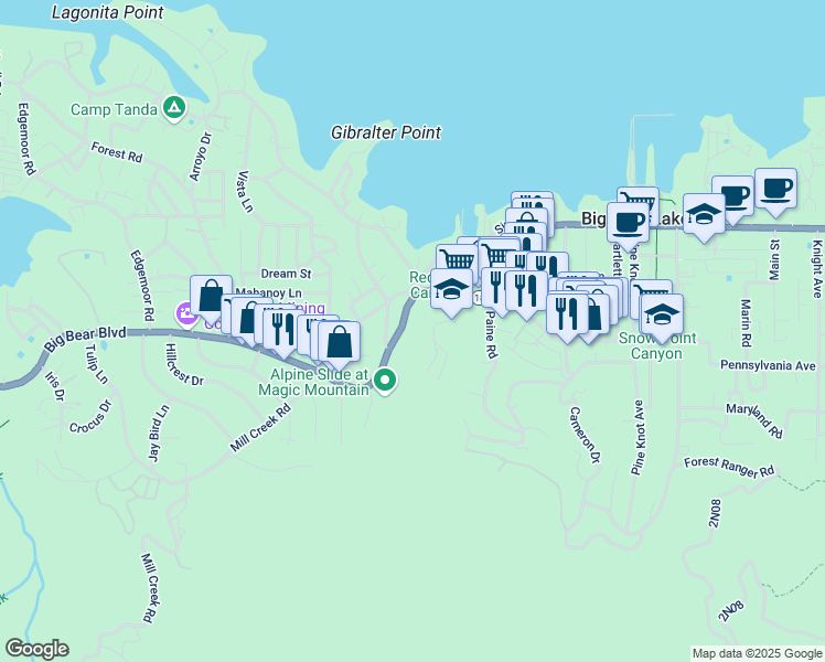 map of restaurants, bars, coffee shops, grocery stores, and more near 661 Spruce Road in Big Bear Lake