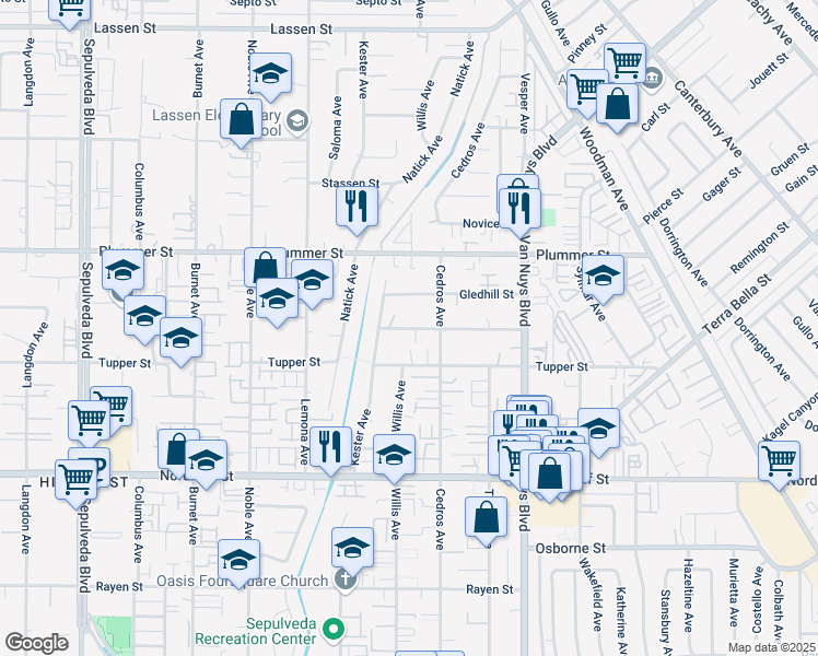 map of restaurants, bars, coffee shops, grocery stores, and more near 14739 Vincennes Street in Los Angeles