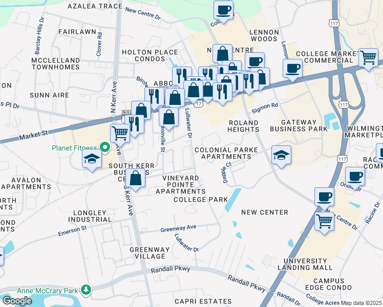 map of restaurants, bars, coffee shops, grocery stores, and more near 107 Lullwater Drive in Wilmington