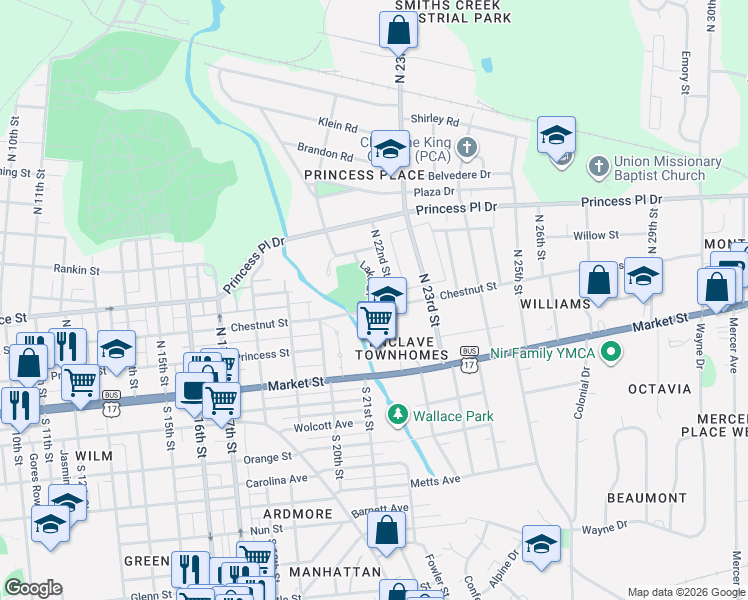 map of restaurants, bars, coffee shops, grocery stores, and more near 209 North 21st Street in Wilmington