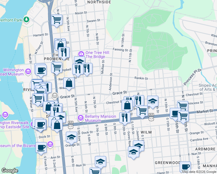 map of restaurants, bars, coffee shops, grocery stores, and more near 902 Walnut Street in Wilmington