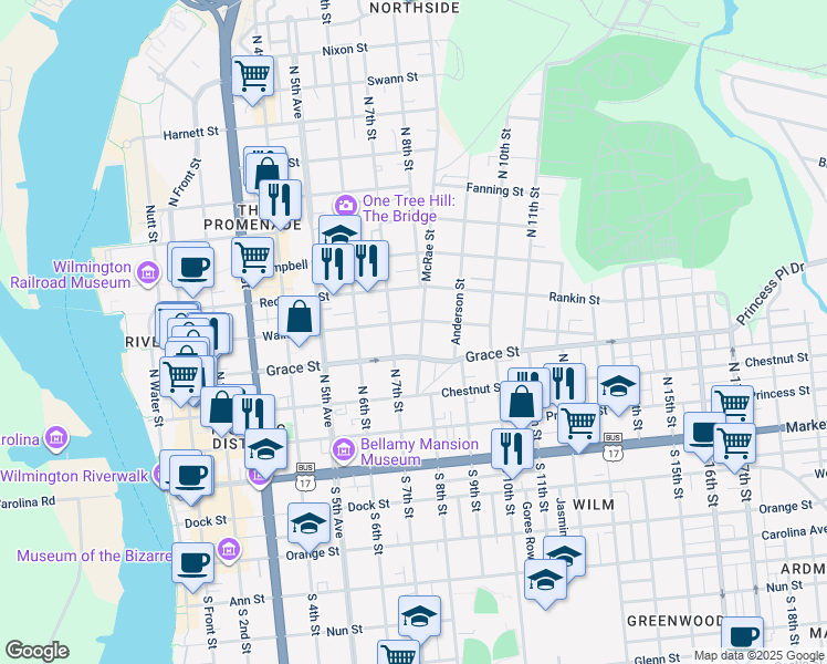 map of restaurants, bars, coffee shops, grocery stores, and more near 718 Walnut Street in Wilmington