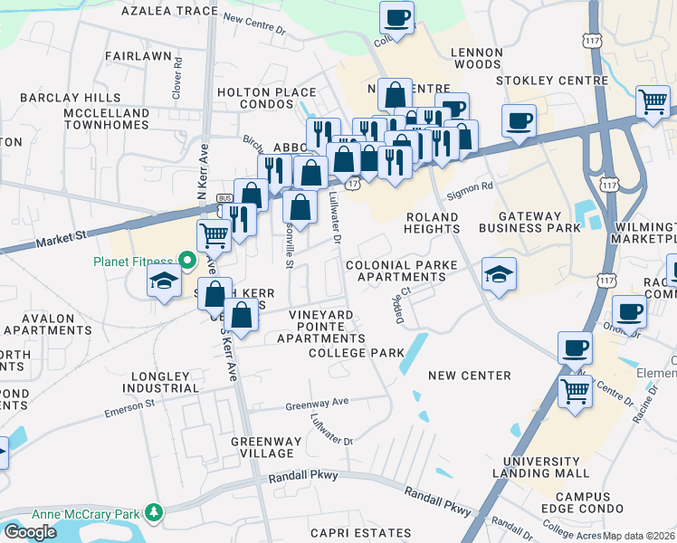 map of restaurants, bars, coffee shops, grocery stores, and more near 126 Lullwater Drive in Wilmington